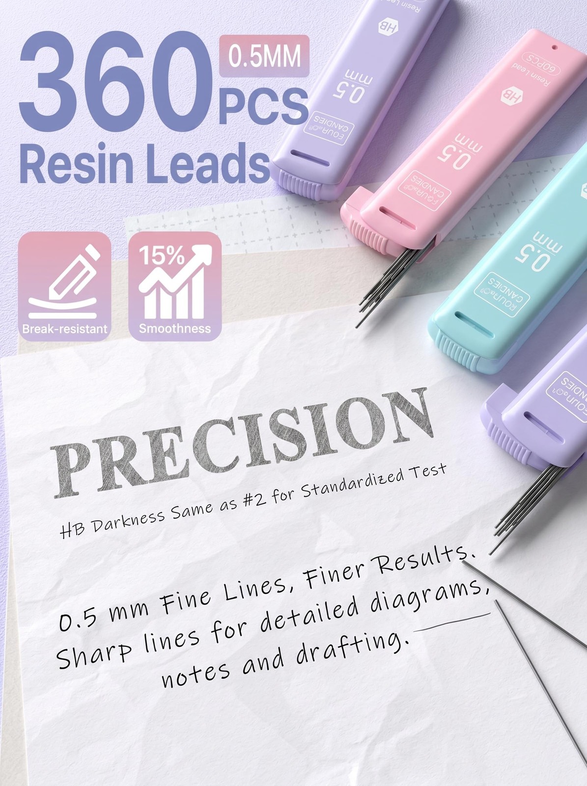 0.5mm Cute Mechanical Pencils Set 360 PCS Lead Refills Pastel Erasers Case