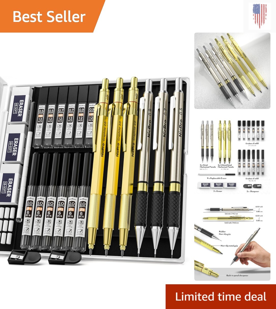 Mechanical Pencils – 27 Piece – 0.5mm, 0.7mm, 0.9mm – Lead Refills – Erasers