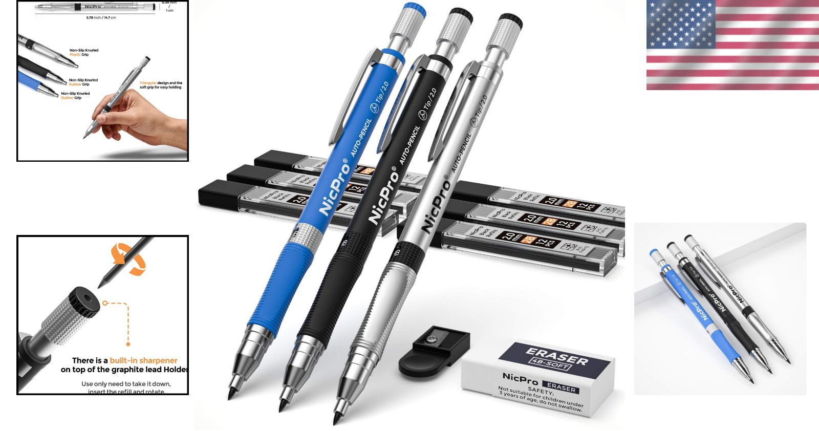 Complete 2.0mm Mechanical Pencil Set with Eraser – Effortless Drawing & Writing