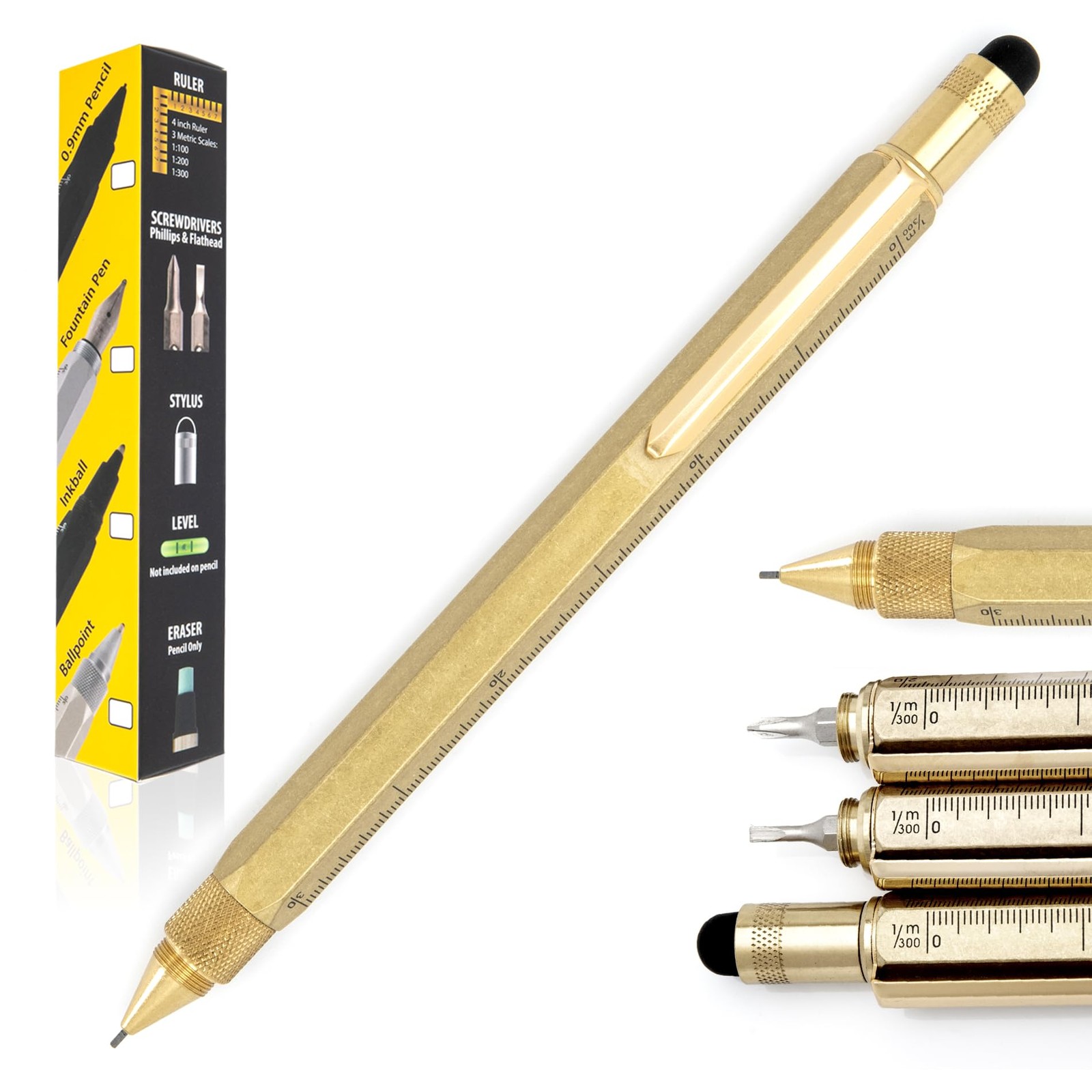 USA 9-in-1 Tool Mechanical Pencil in Brass – Hand-Machined Multifunctional Pe…