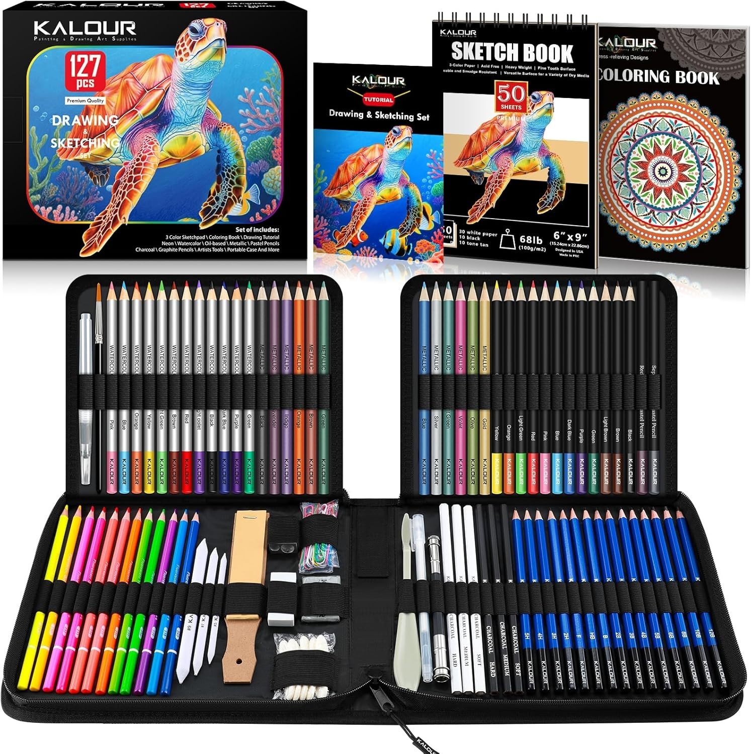 KALOUR 82 Pack Drawing Sketching Kit, Pro Art Supplies 104 Piece Set, Black