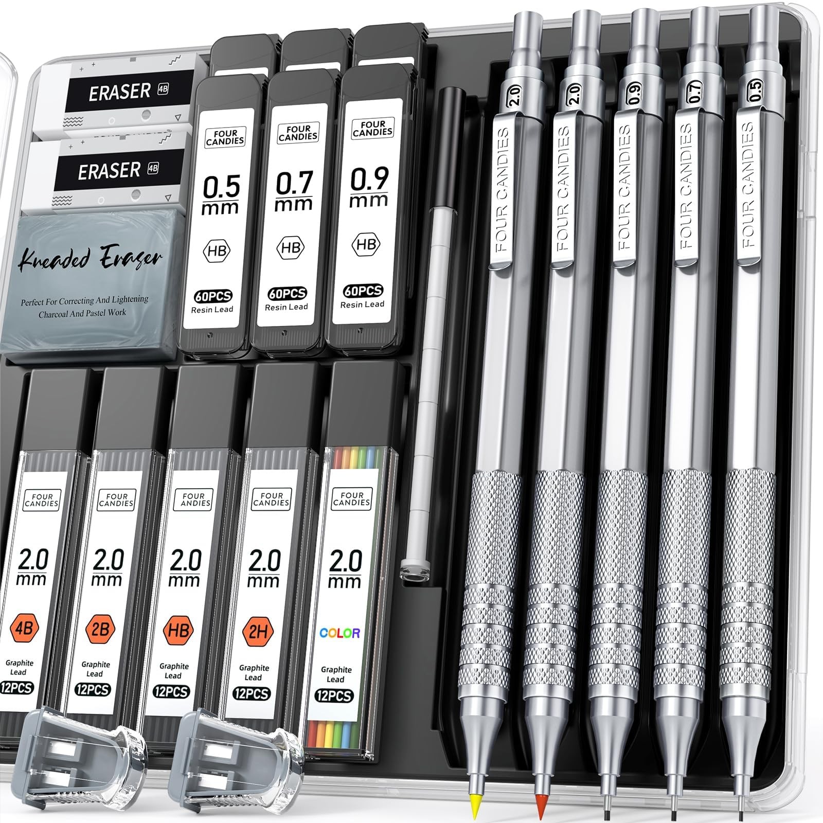 Metal Mechanical Pencil Set 3PCS Art Drafting Pencils 0.5 0.7 0.9MM & 2PCS 2M…