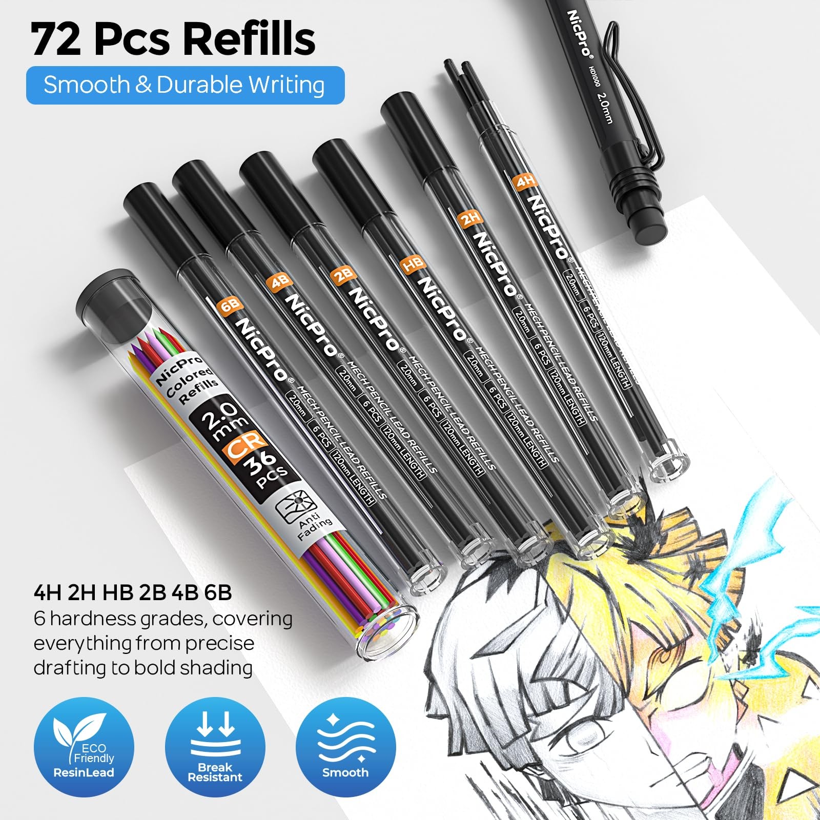 Nicpro 2.0 mm Mechanical Pencil Set, 3PCS Artist Lead 2.0mm, Black
