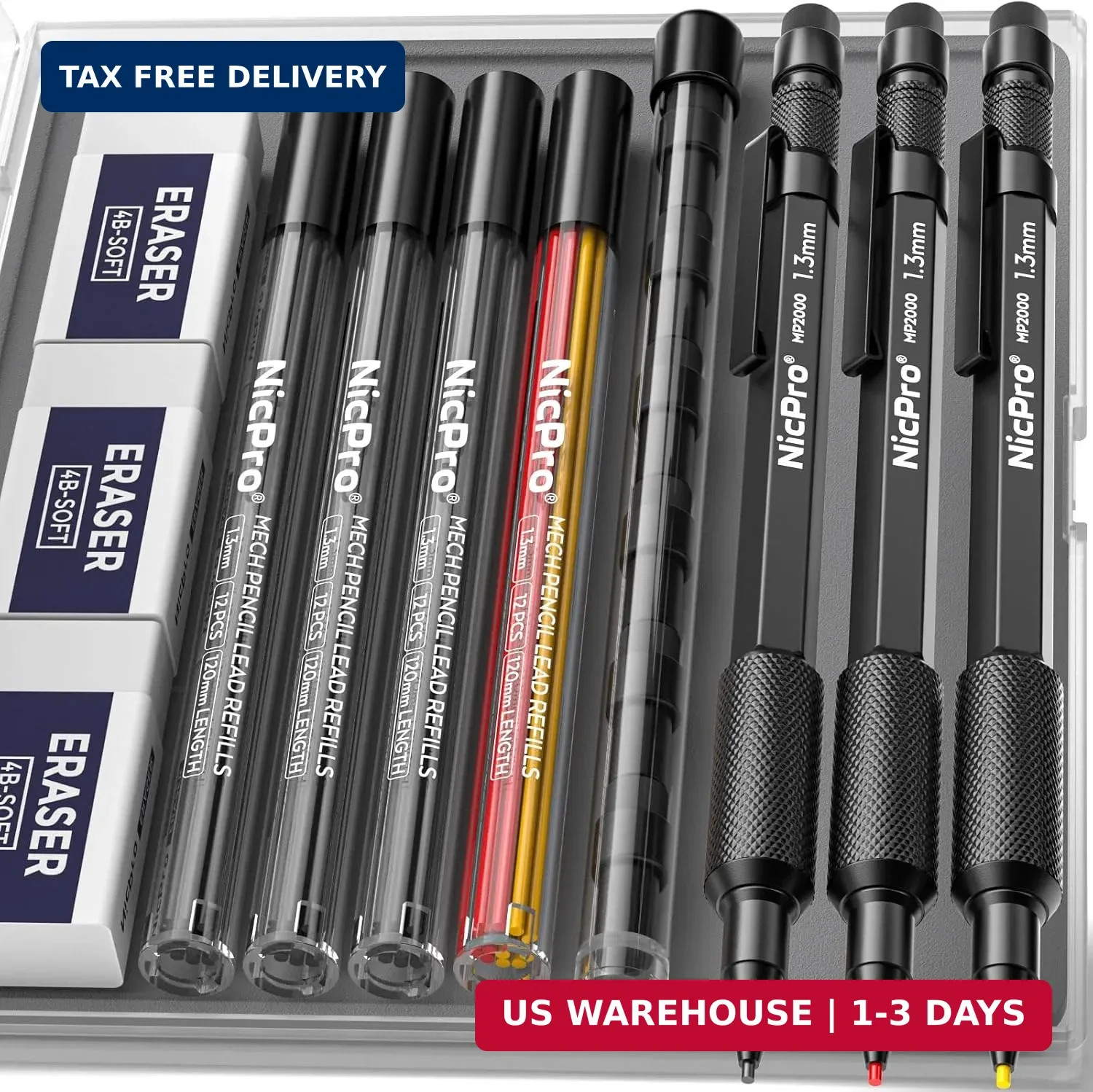 Nicpro 3 PCS 1.3 mm Blacke Mechanical Pencils Set with 48 Lead Refill, 3 Eraser