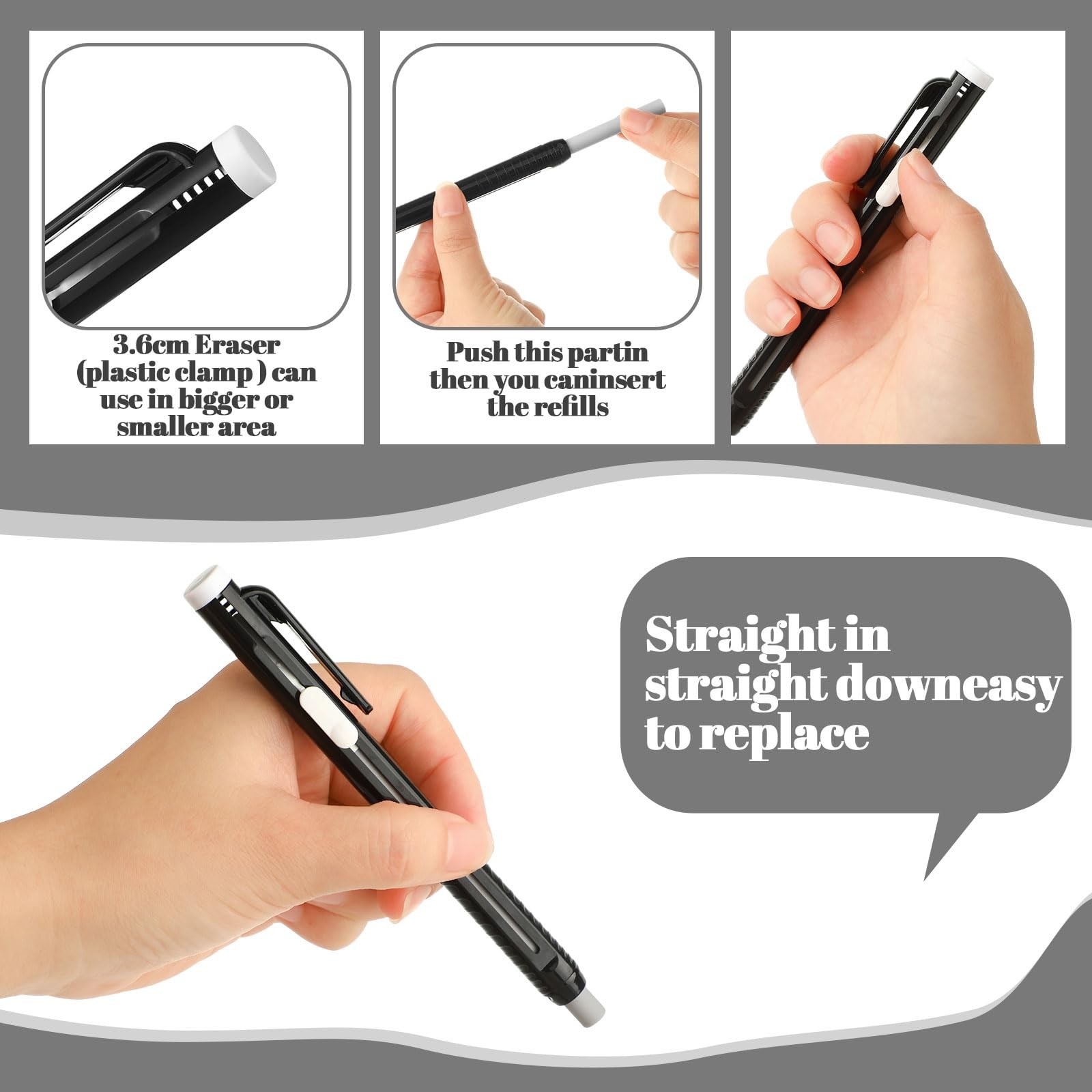 12 PCS Solid Black Retractable Mechanical Eraser Pen Refills Painting Art