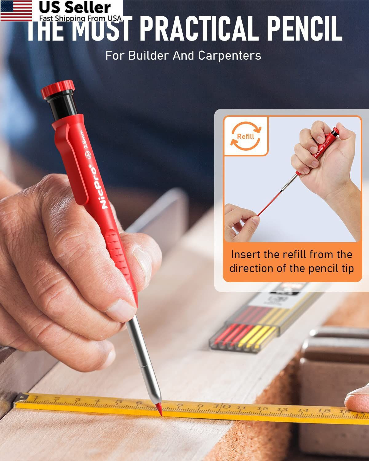 Nicpro 3 Pack Carpenter Pencil with Sharpener, 3 Pack, Black,Red,Yellow