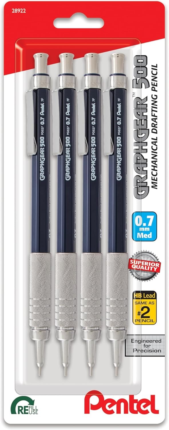 Pentel GraphGear 500 Mechanical Drafting Pencil, 4 Count (Pack of 1), black