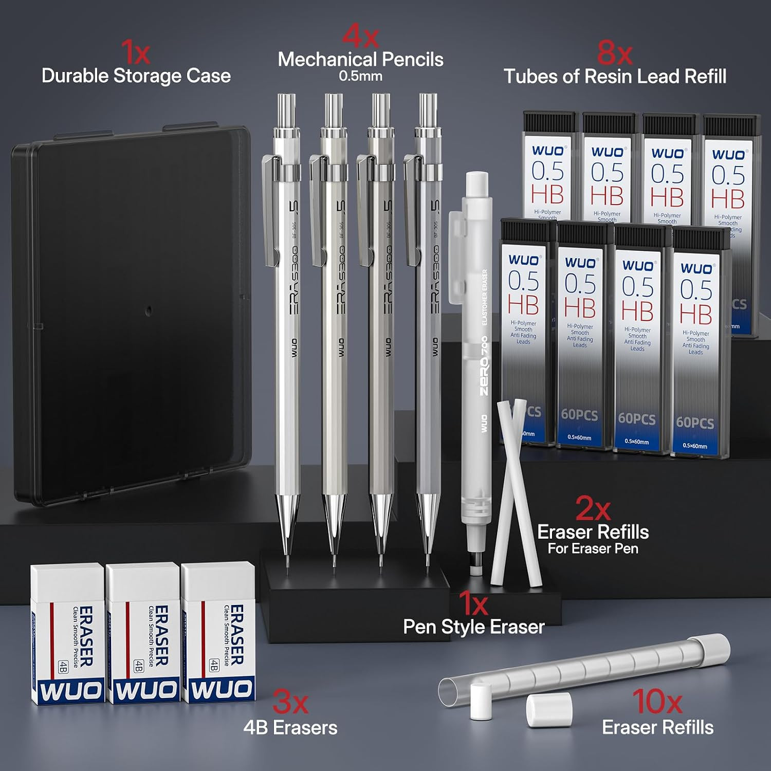 0.5Mm Mechanical Pencil Set with Eraser Pen, 4PCS Metal Mechanical Pencils, 480