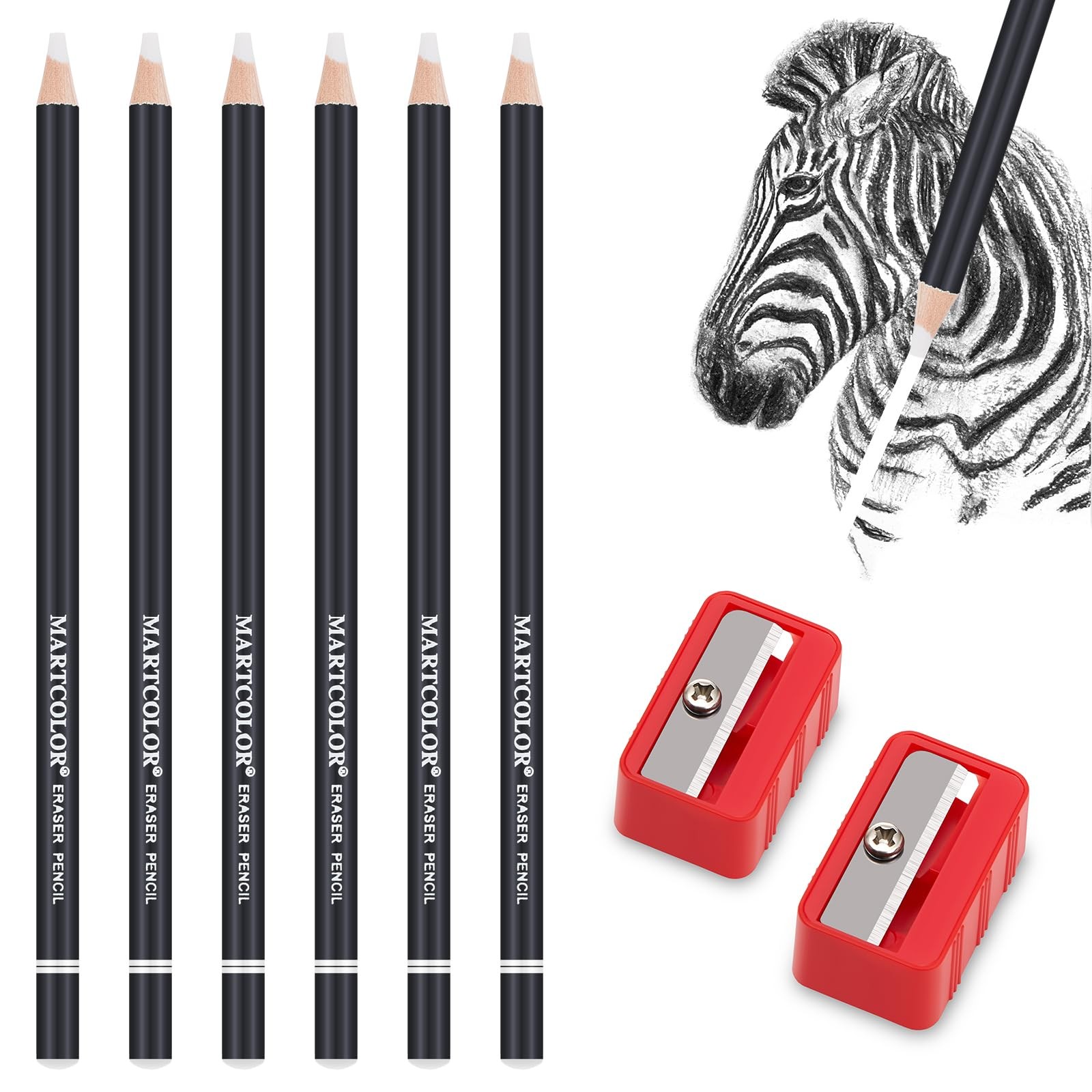 MARTCOLOR 6pc Eraser Pencils and 2pc Sharpener, 1 Count (Pack of 8), White