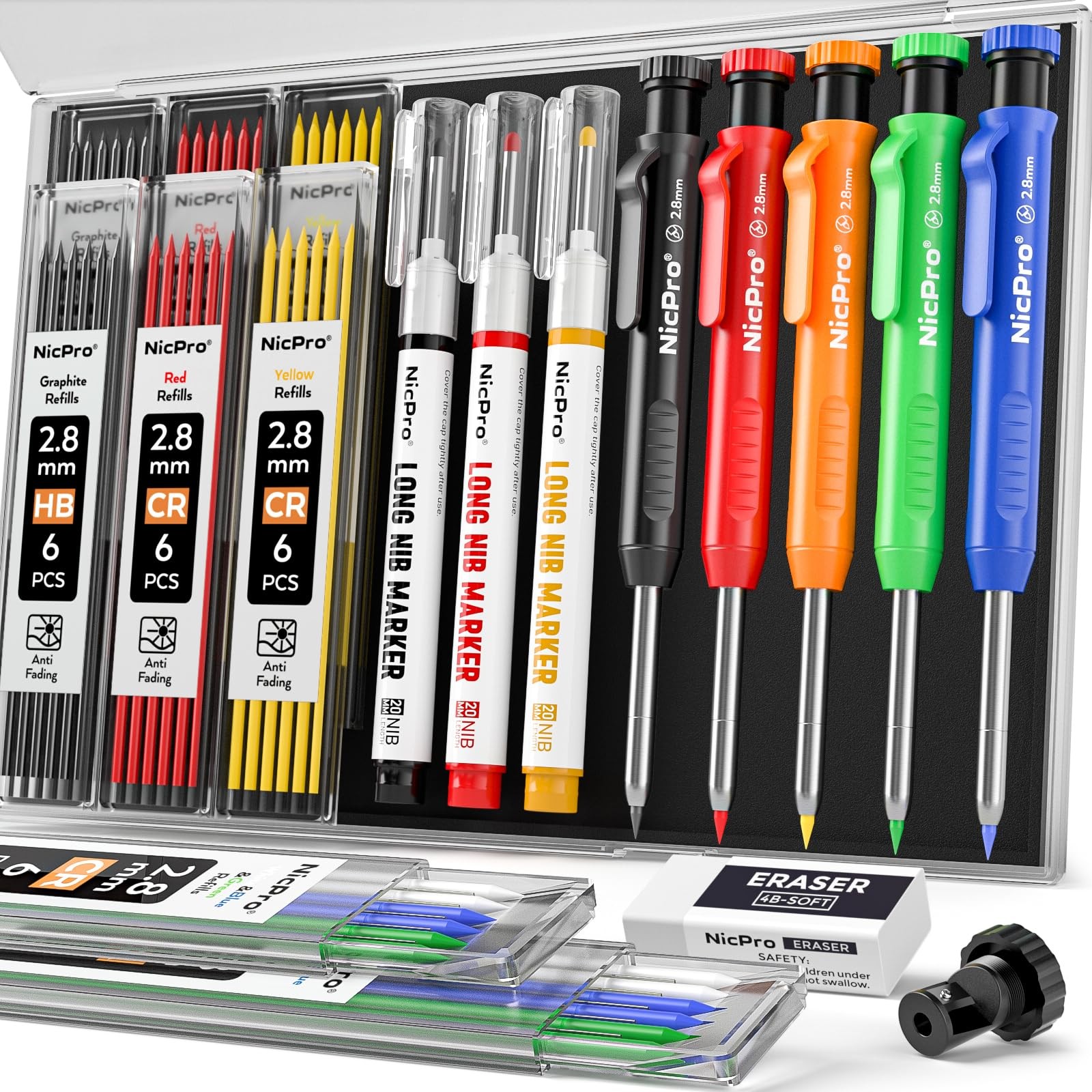 Nicpro 5 Pack Carpenter Pencils with 5 Pack, Black,Red,Orange,Green,Blue
