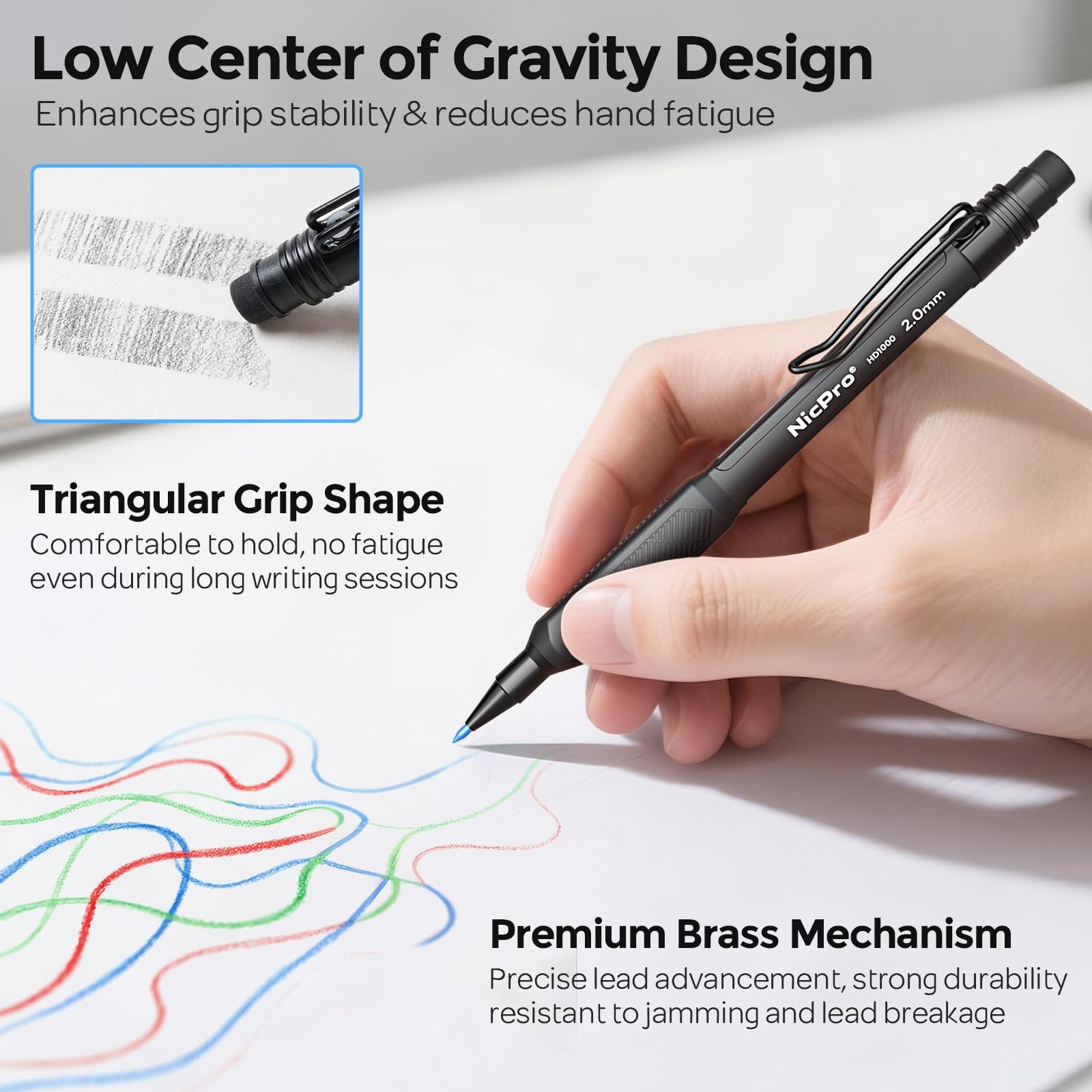 Nicpro 2.0 mm Mechanical Pencil Set, 3PCS Artist Lead 2.0mm, Black