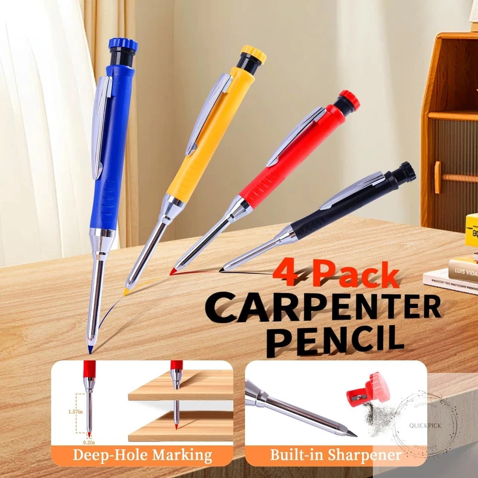 4 Pack Carpenter Pencil with Sharpener, Mechanical Pencils Set with 28 Refills