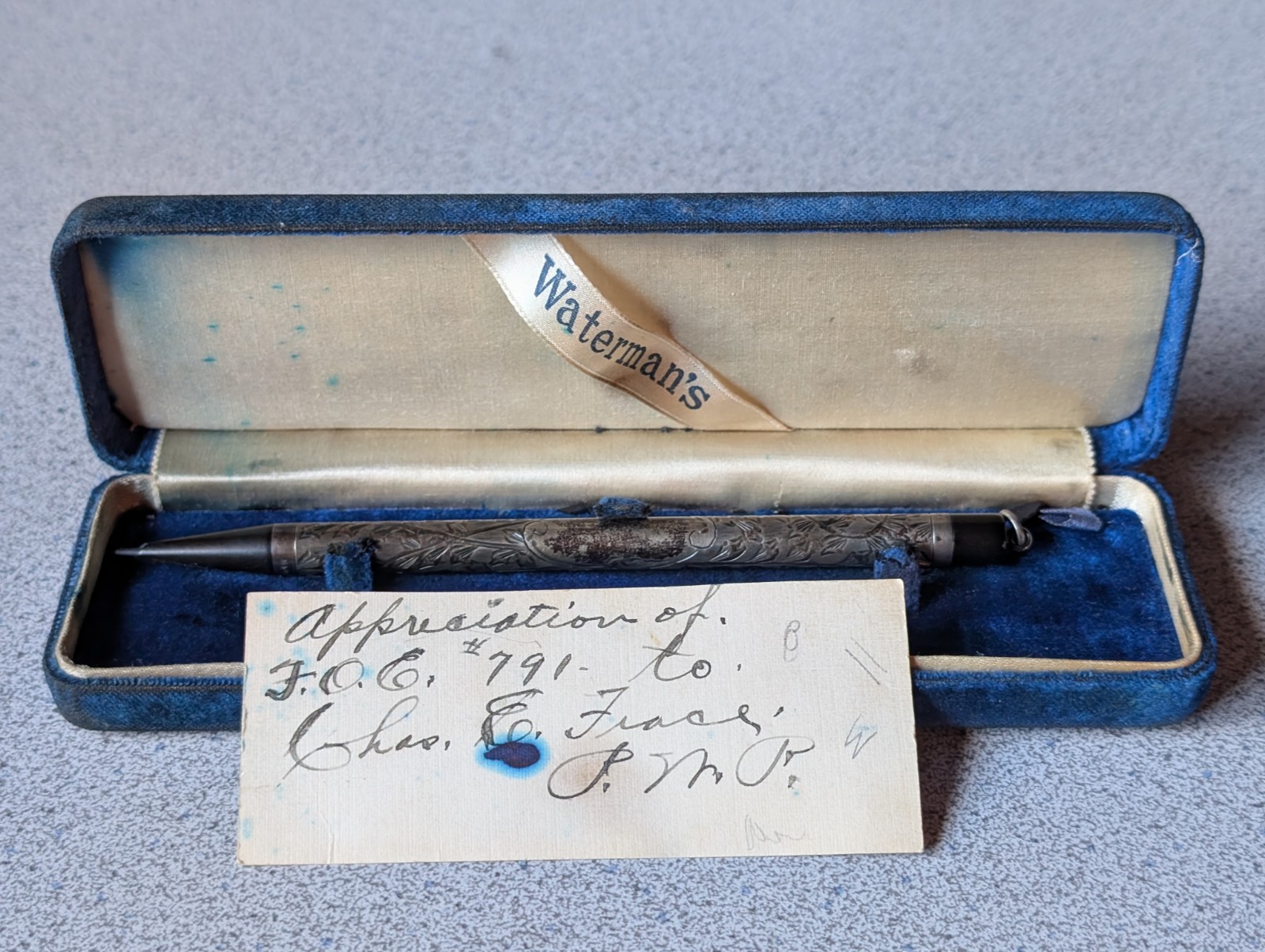 VINTAGE STERLING SILVER OVERLAY RING TOP WATERMAN’S FLORAL PATTERN PENCIL & CASE