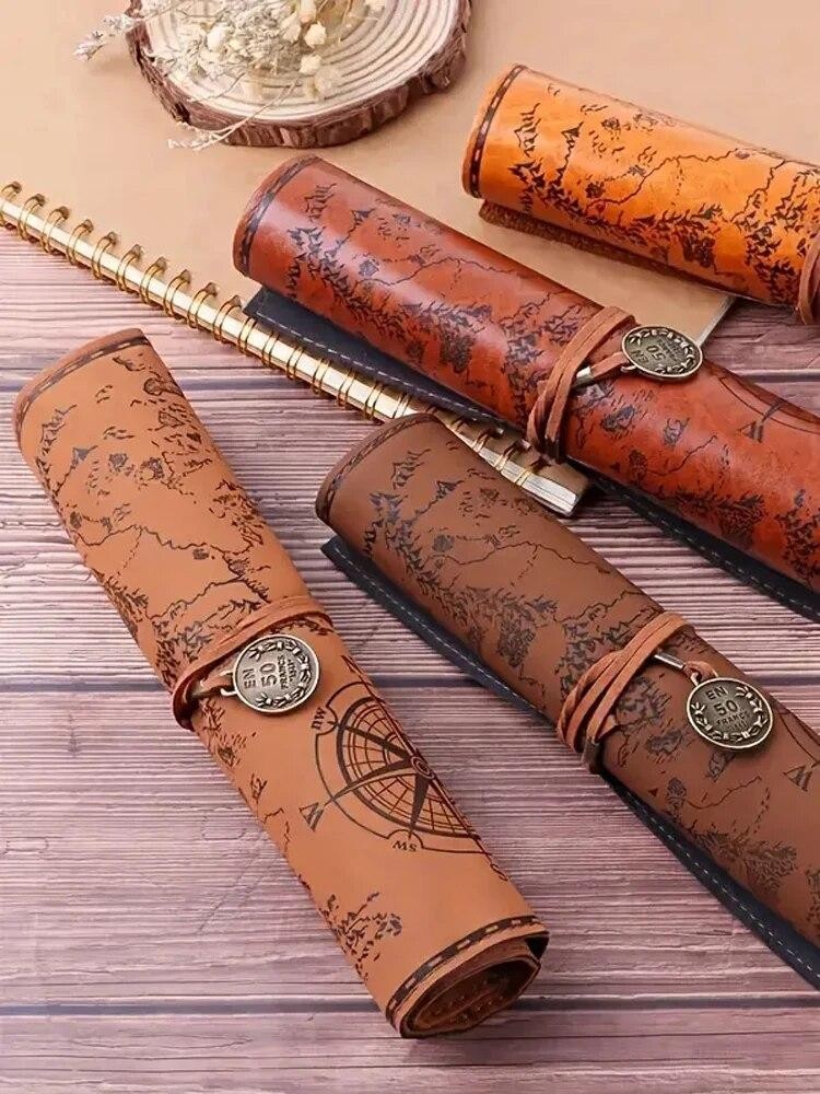 1pc Creative Treasure Map Retro Pencil Case Leather Large Capacity Roll Pencil B
