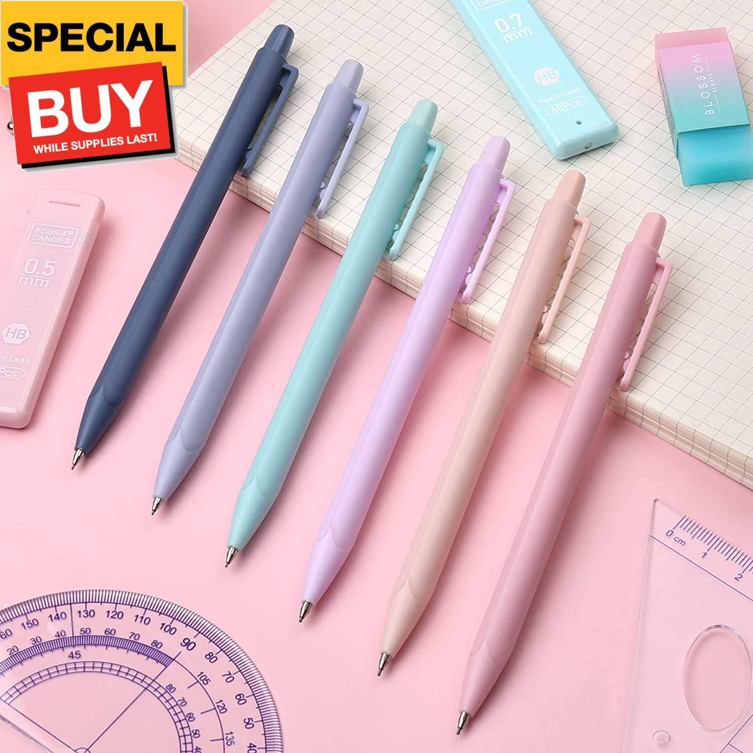 Cute Mechanical Pencil Set, 6PCS Pastel Mechanical Pencils 0.5 & 0.7mm with 360P