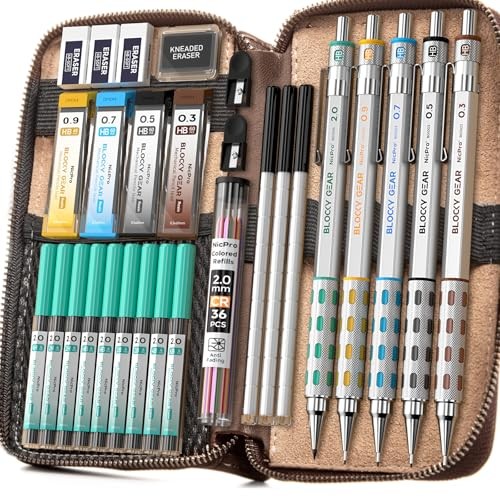 Blocky Gear Metal Mechanical Pencil Set in Leather 5 PACK with Leather Bag
