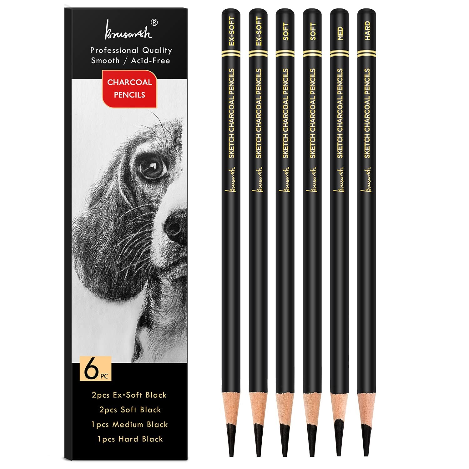 Brusarth Professional Charcoal Pencils Drawing Set 1 Count (Pack of 6), Black