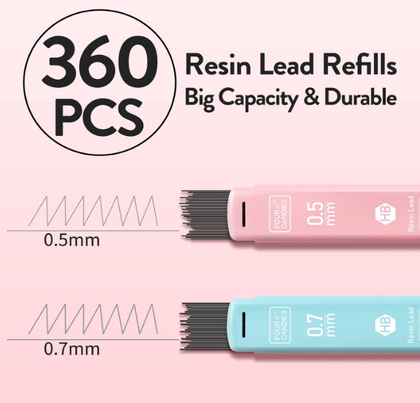 Four Candies Cute Mechanical Pencil Set, 6-Pack 0.5/0.7mm | 360 Lead Refills, 3