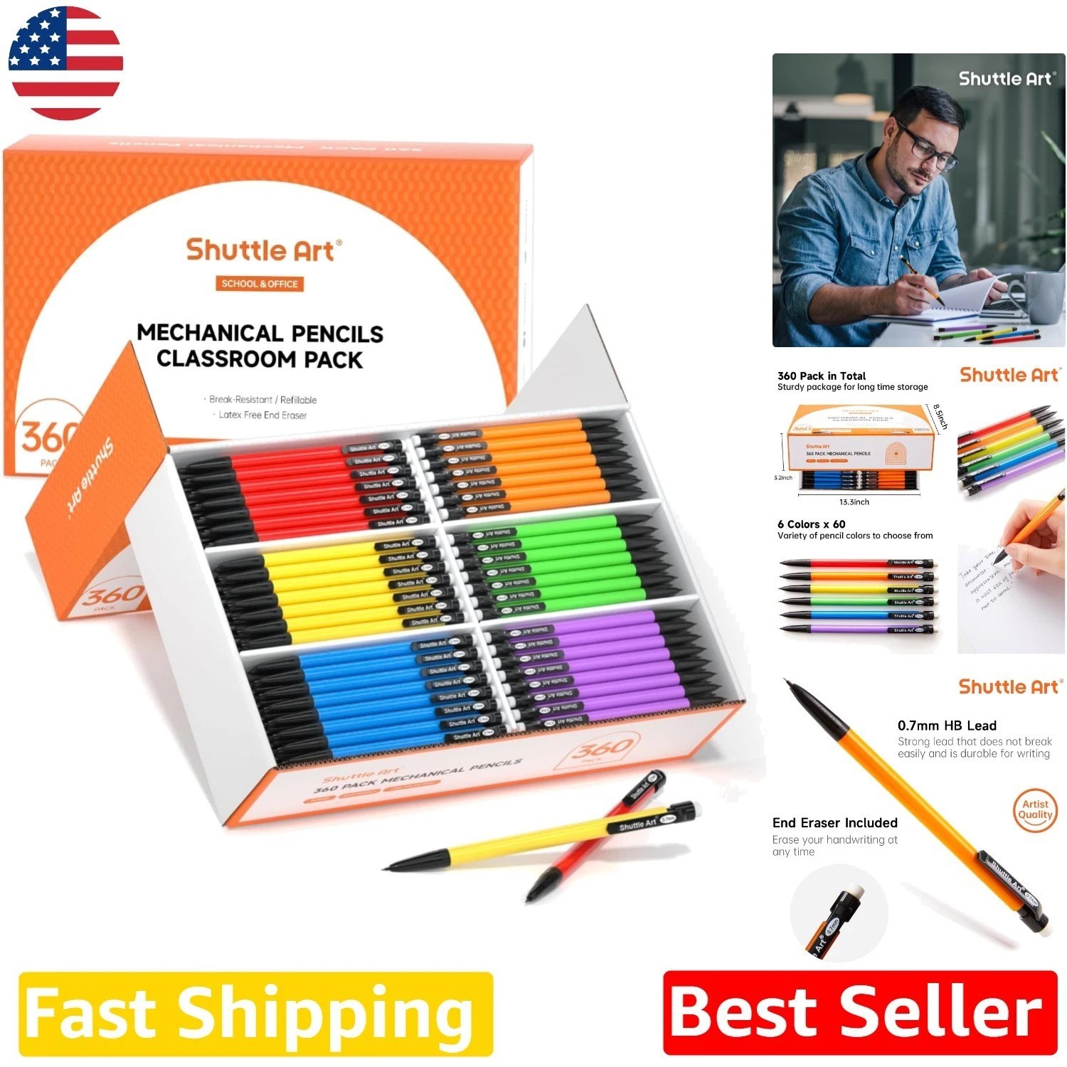 360 Pack Mechanical Pencils 0.7mm, HB Lead, Refillable, Kids & Adults