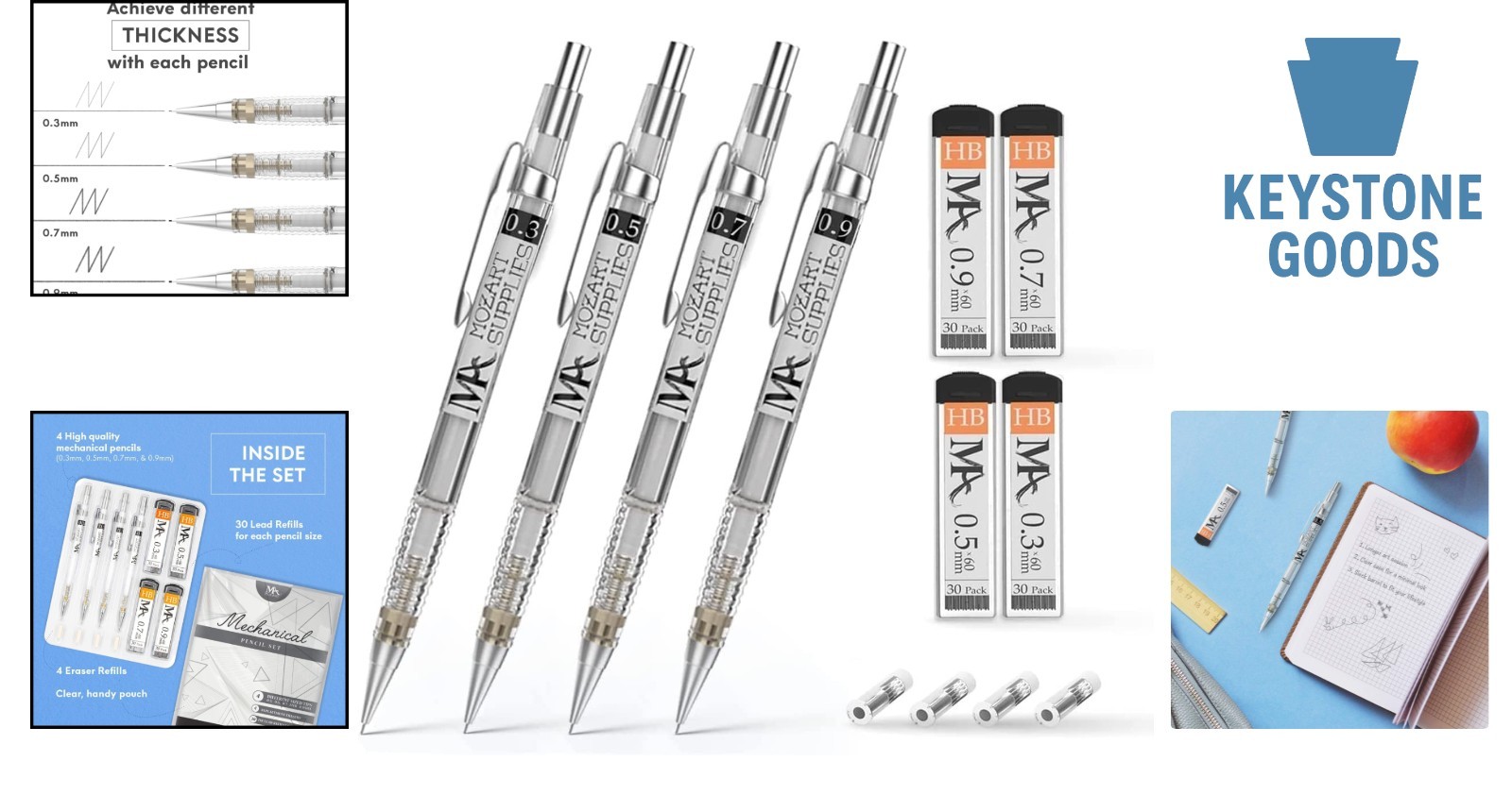 MozArt 4-Size Mechanical Pencil Set with Case & Refills – Drafting & Drawing
