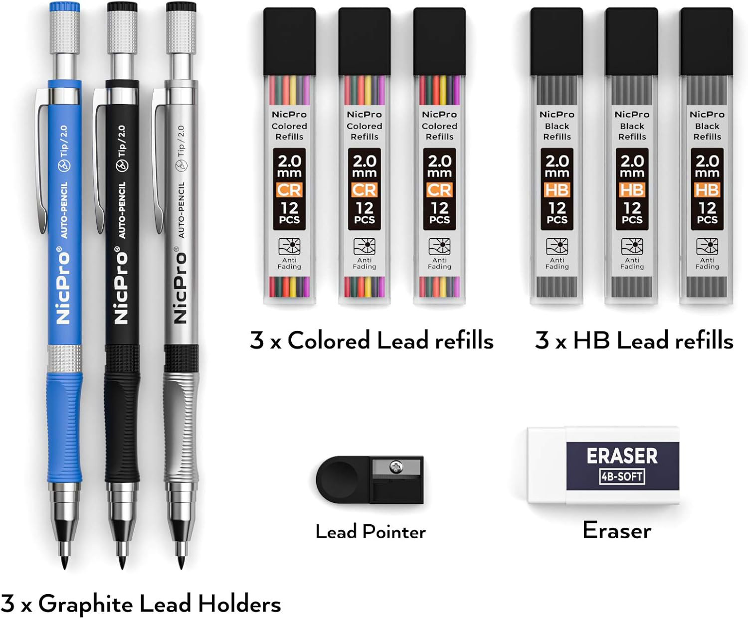 Nicpro 11 Pieces Colors 2mm Mechanical Pencil Set, 3 PCS Carpenter Drafting 2.0