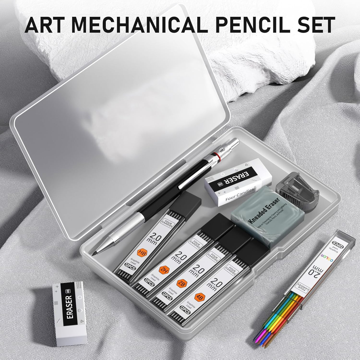 2MM Mechanical Pencil Set with case, Artist Led Pencil Metal Lead Holder with 60