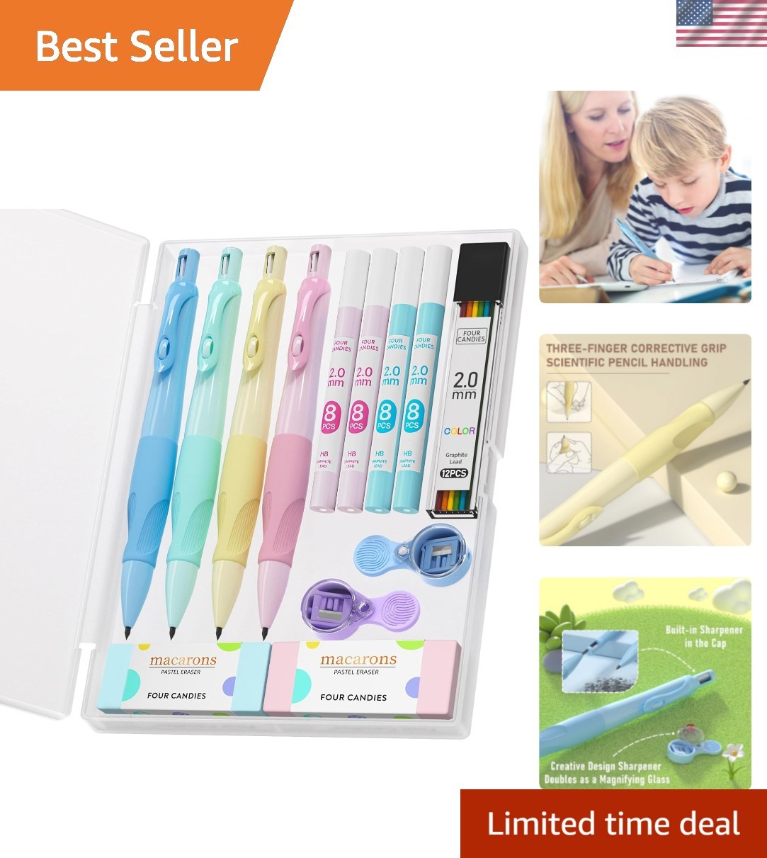 2.0MM Handwriting Pencils for Kids with Comfort Ergonomic Grip, 4PCS Cute Mec…