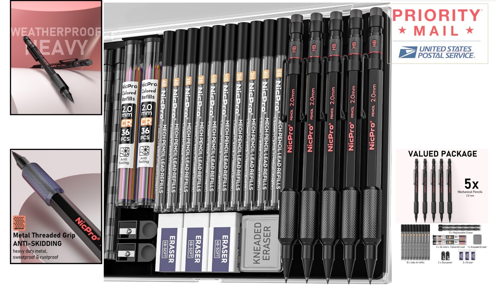 Multifunctional 2mm Mechanical Pencils Set Includes 5 Pencils and Case 72 Leads