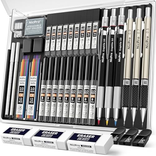35PCS Art Mechanical Pencil Set, 3 PCS Metal Drafting Black 0.5 0.7 0.9 2.0