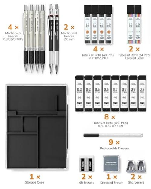 27PCS Mechanical Pencil Set with Case, Art 0.3mm+0.5mm+0.7mm+0.9mm+2.0mm