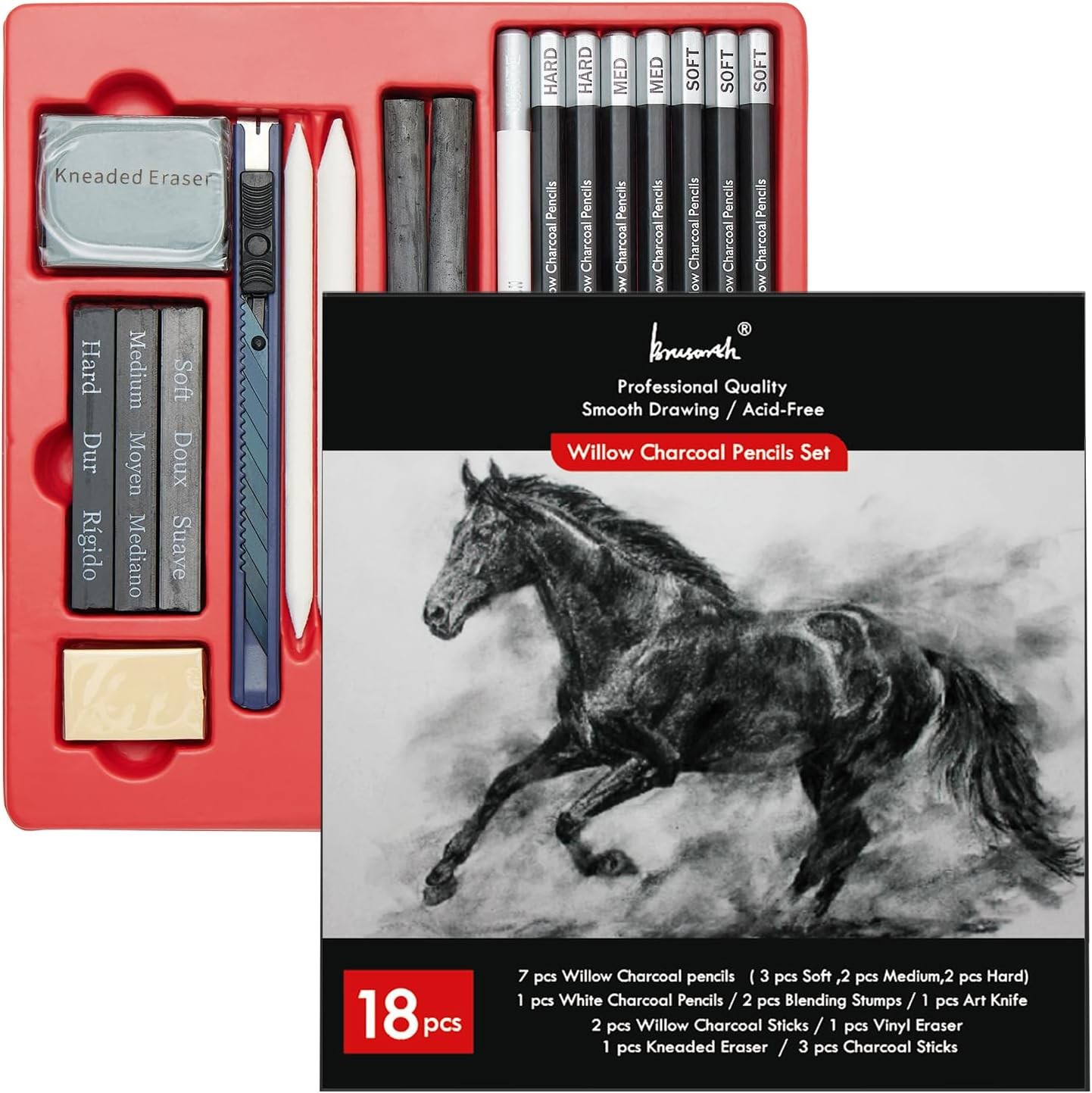 Charcoal Pencils for Drawing, 18 Pcs Art Pencil Kit, Professional Black,White