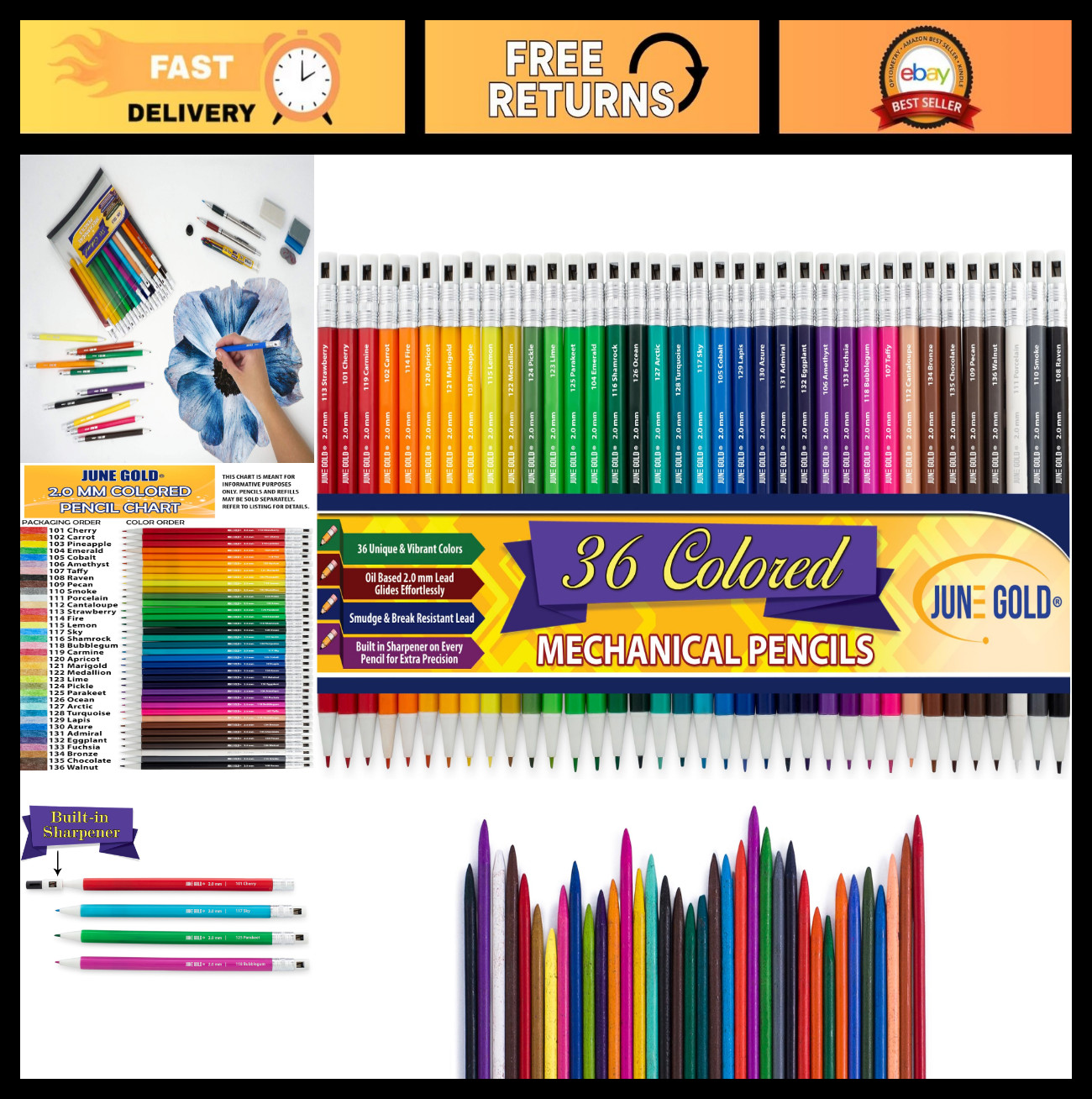 36 Assorted Colored 2.0mm Mechanical Pencils with Unique Color Leads & Sharpener