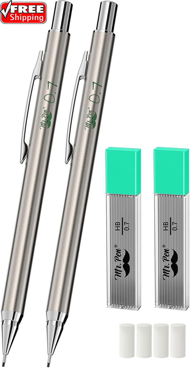 Metal Mechanical Pencil Set with Lead Refills & Erasers, 2 Pack, 0.7Mm, 4X Tubes