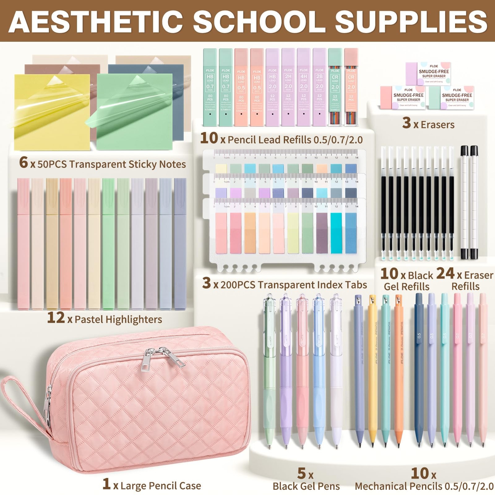 62 PCS Preppy Aesthetic School Supplies Kit Pencil Case Highlighters