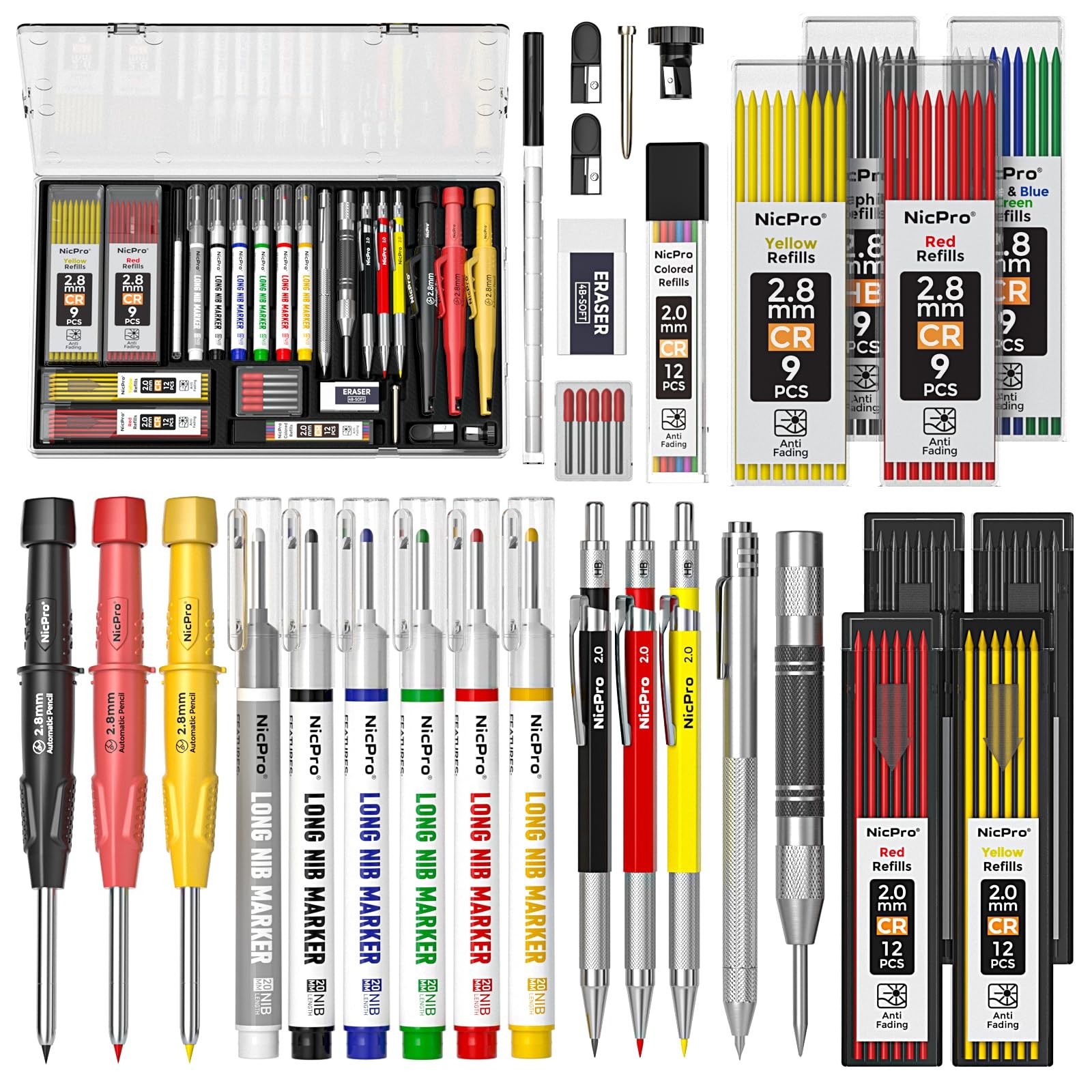Nicpro 36PCS CP3000 Mechanical Carpenter Pencil 30 Pack, Black, Red, Yellow