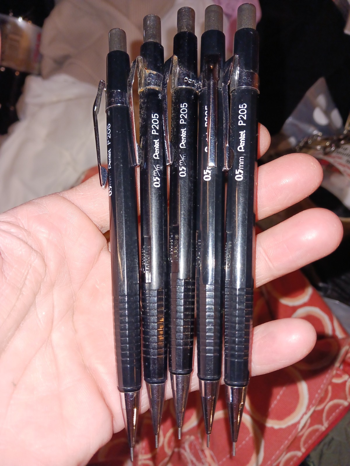 Vtg Pentel Mechanical Pencils P205 Black 0.5mm Body Pocket Clip Japan Lot of 5
