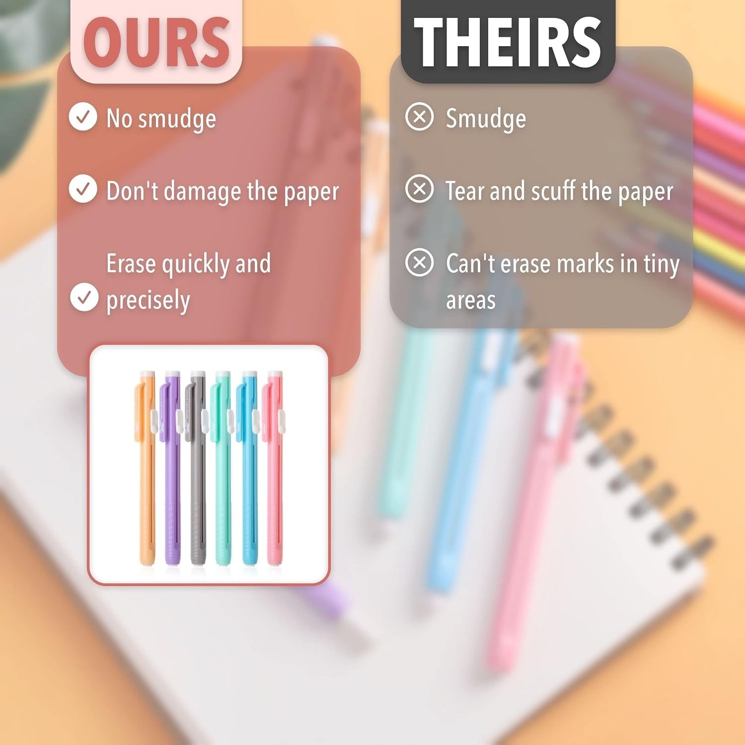 Elegant 6-Pack Pastel Retractable Eraser Pens for Flawless Sketching & Drafting