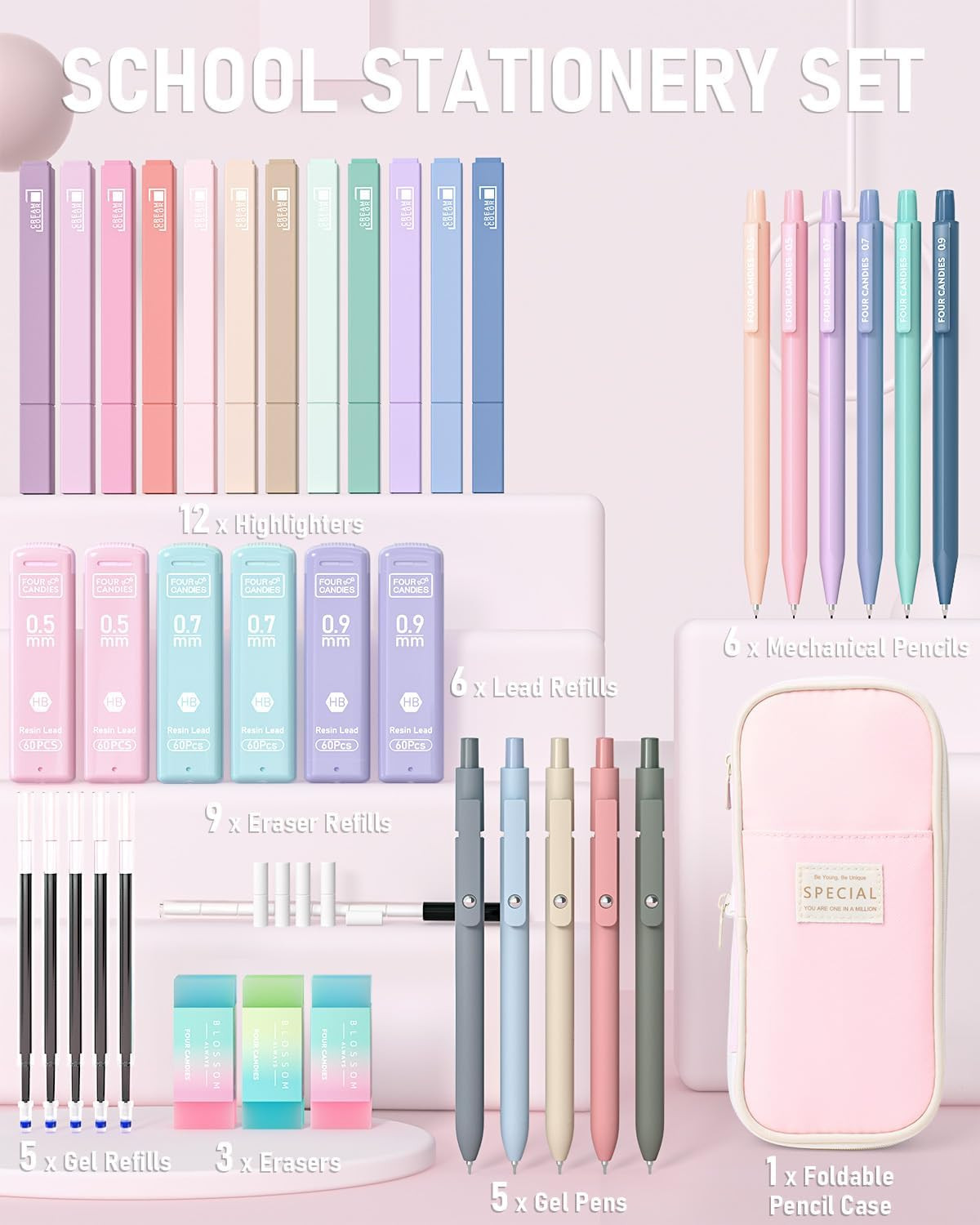 39 PCS Aesthetic School Supplies with Cute Pen Case, 12 Pastel Highlighters, 5 B
