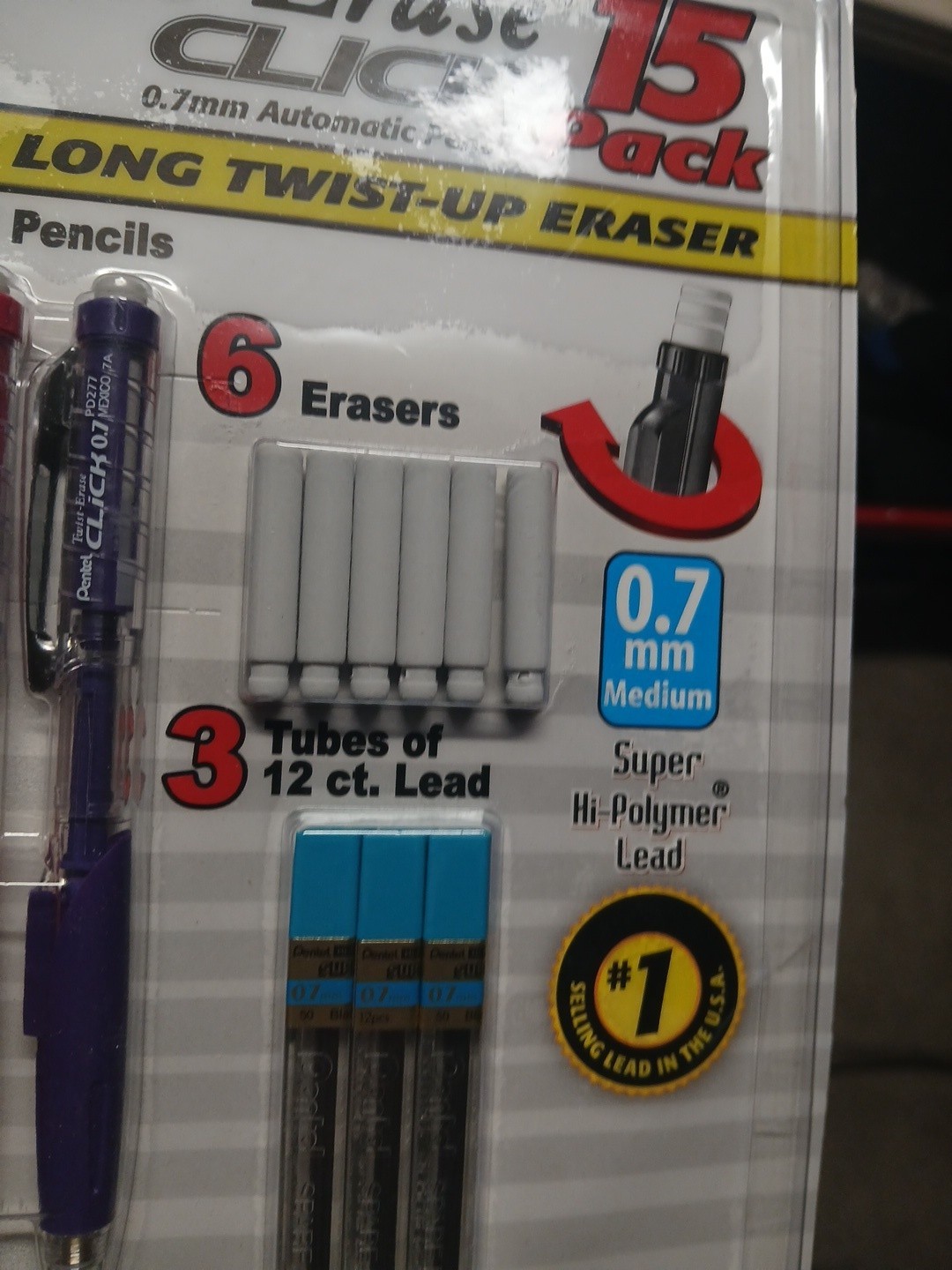 Pentel Twist-Erase Click Mechanical Pencils 0.7mm, 15 Piece Set, multi-color
