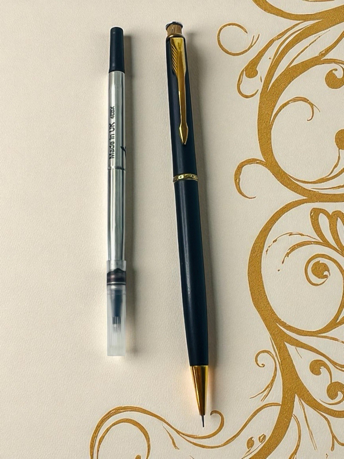 Parker Mechanical Pencil USA Gold Black & Roller Ball Refill 4EBX Cartridge UK