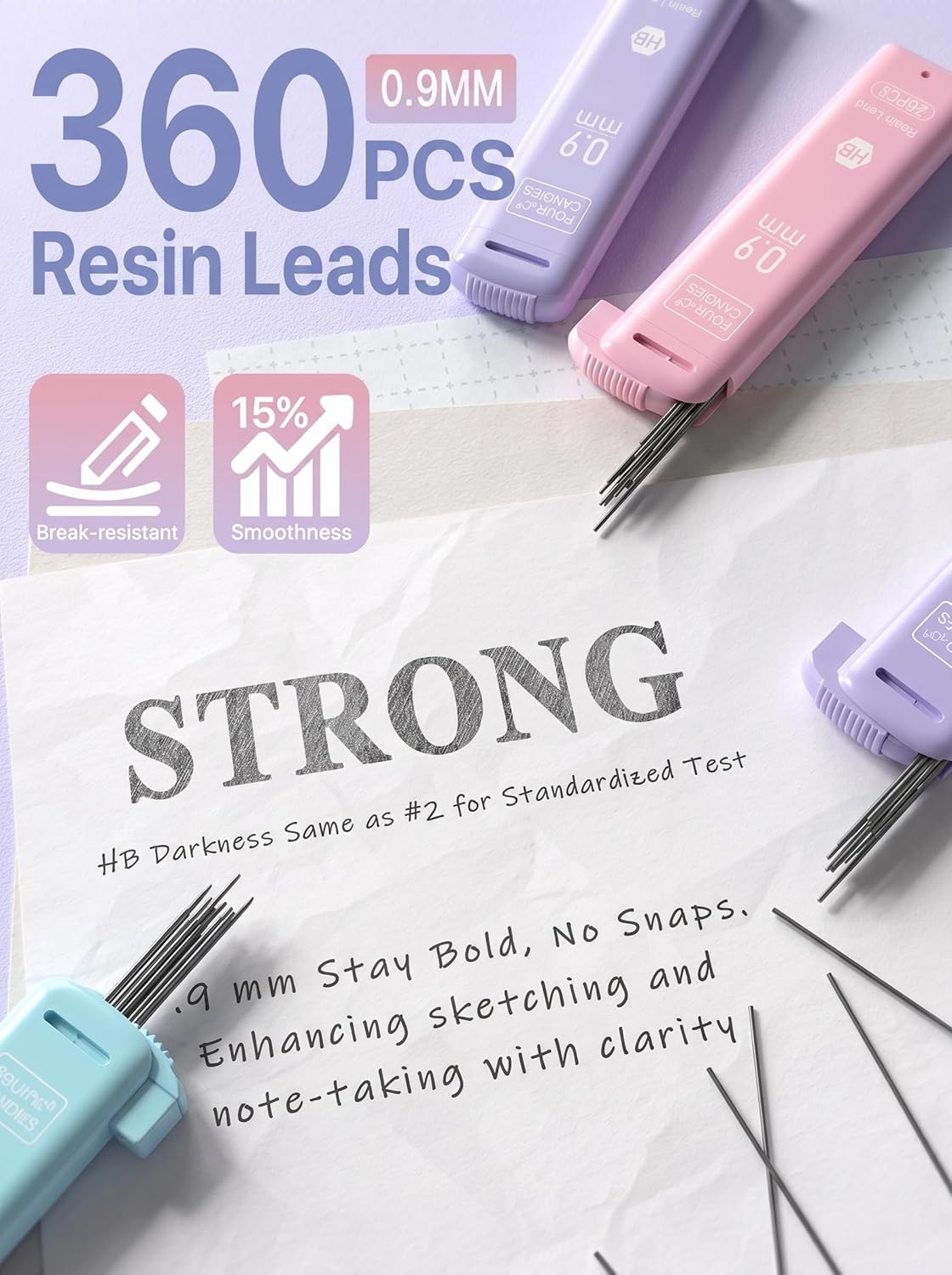 3PCS Cute Mechanical Pencils Set, 0.9Mm with 360PCS Thick Leads, Pastel Erasers
