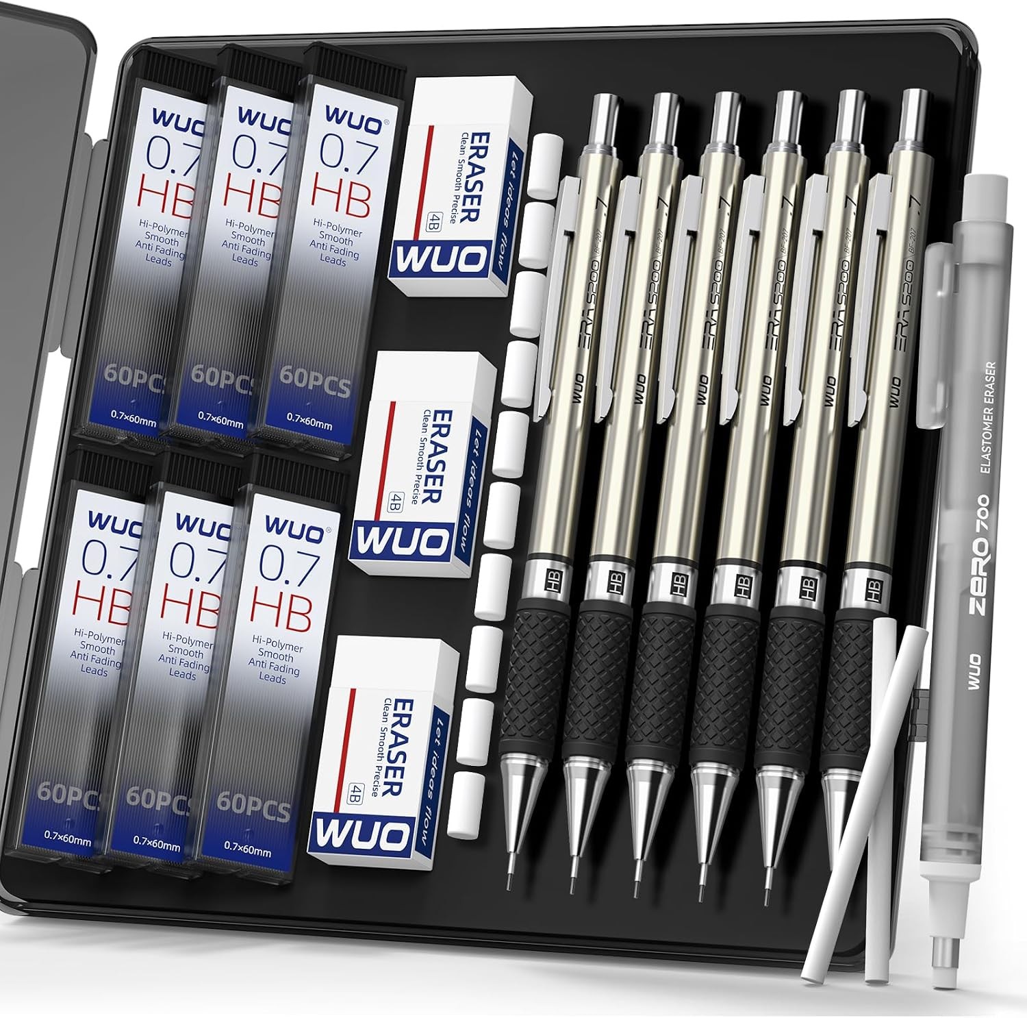 0.7mm Mechanical Pencil Set in Storage Case, 6PCS Metal Drafting Pencils with