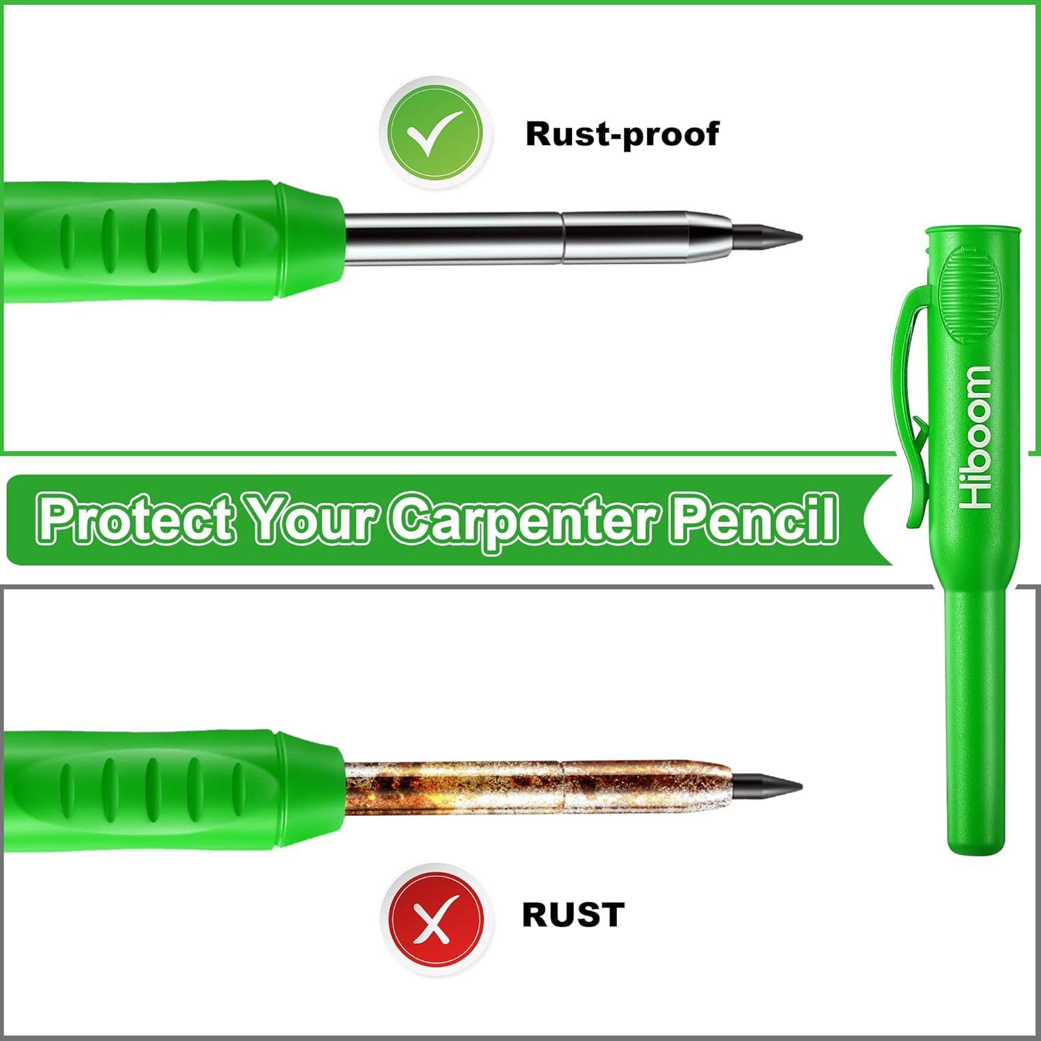 Hiboom 3 Pack Carpenter Pencil with 24 Refills (Red, Black, Yellow), Green