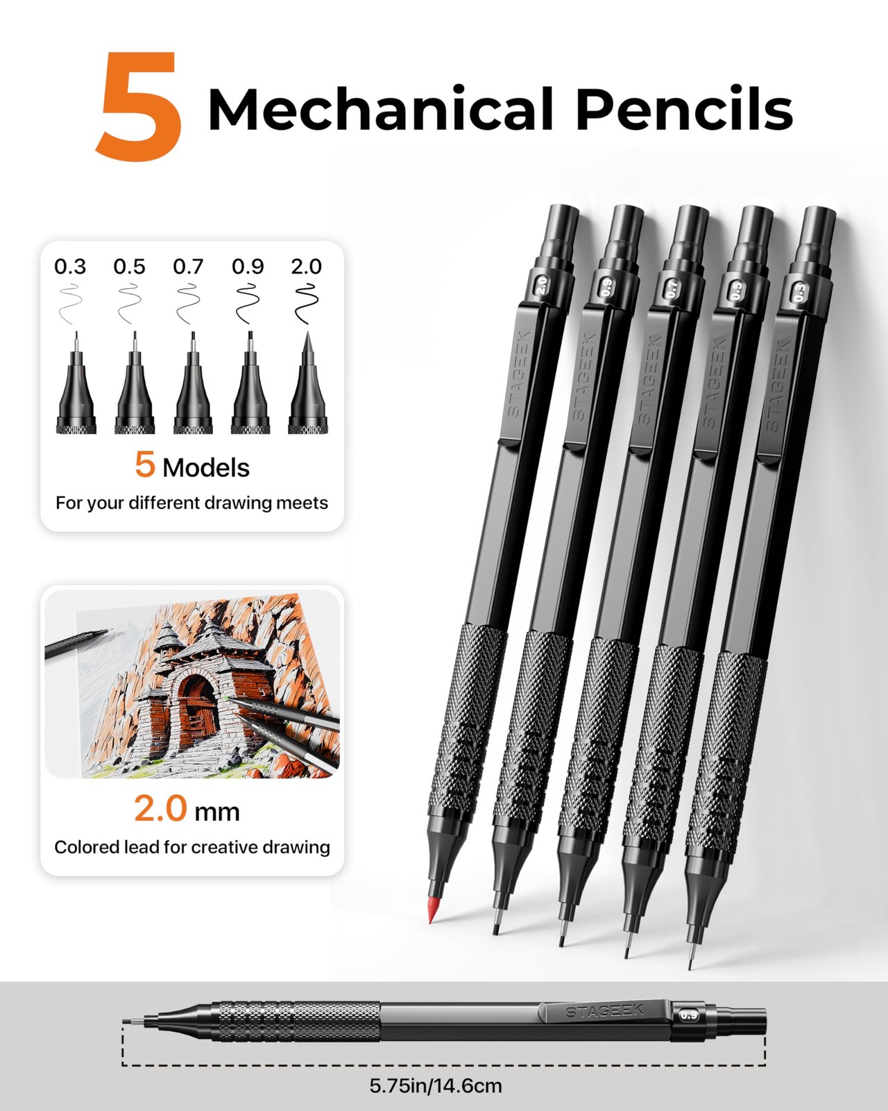 STAGEEK Metal Mechanical Pencil Set in Leather Case, 5PCS Art Drafting Black