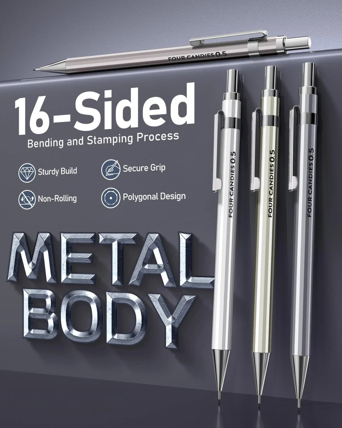 Four Candies 0.5Mm Mechanical Pencil Set with Case – 4PCS Metal Mechanical Penci