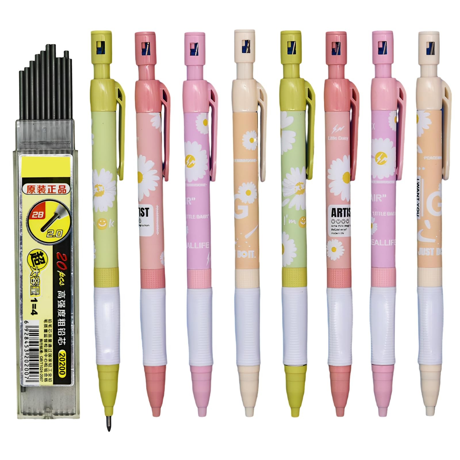 12 Pcs 2.0 mm Mechanical Pencils Thick 2B Pencils Daisy Pencils With 20 pcs R…