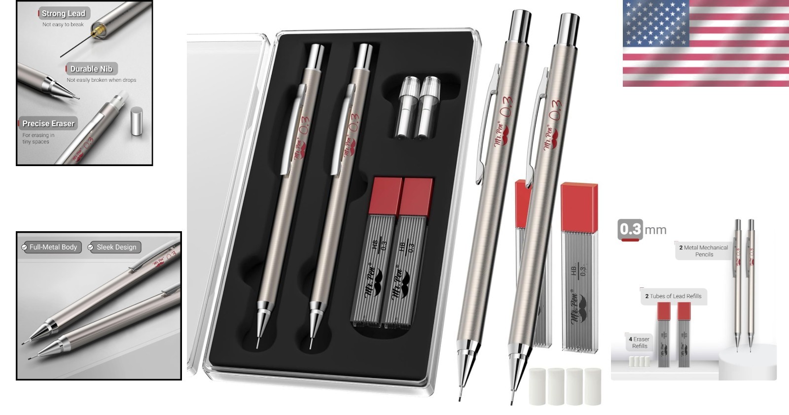 Elegant 0.3mm Metal Pencils with Refills: Perfect for Technical Drawing & Notes