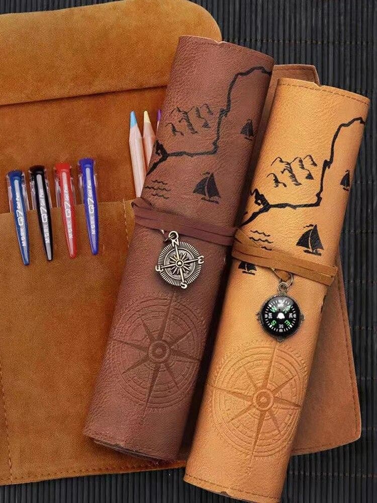 1pc Creative Treasure Map Retro Pencil Case Leather Large Capacity Roll Pencil B