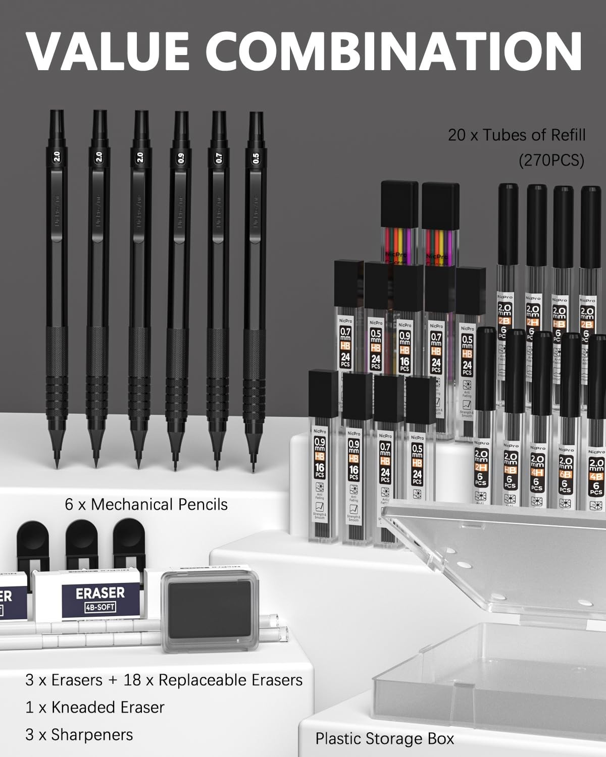 35PCS Mechanical Pencils Set with Case – 0.5, 0.7, 0.9mm & 2mm Graphite Lead Hol