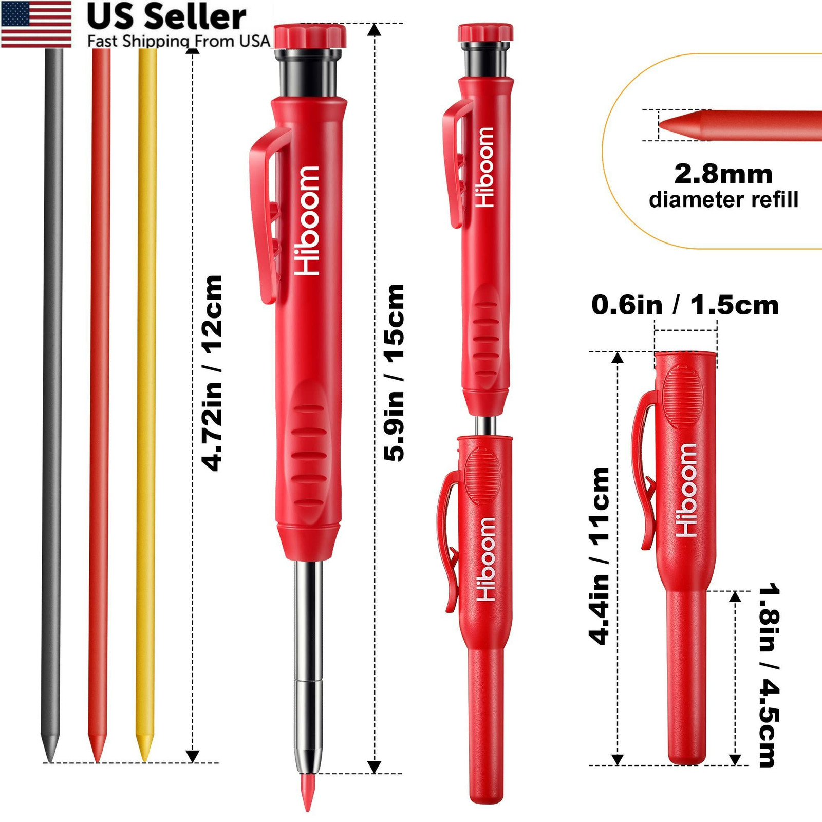Hiboom 4 Pack Carpenter Pencils with 36 Refills (Red, Black, Multi Colors